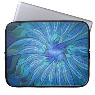 Housse Pour Ordinateur Portable Motif fantaisie de fleur bleue, art fractal abstra