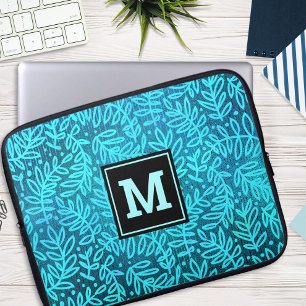 Housse Pour Ordinateur Portable Motif feuille turquoise monogramme gras typographi