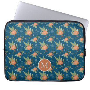 Housse Pour Ordinateur Portable Motif Fleur de Pêche Vintage Monogramme Bleu Foncé