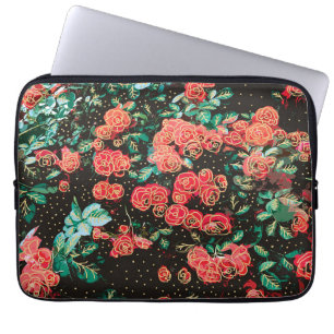 Housse Pour Ordinateur Portable Motif floral à pois roses rouges foncés rétro