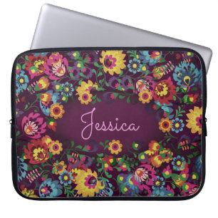 Housse Pour Ordinateur Portable Motif floral coloré et occupé violet personnalisé