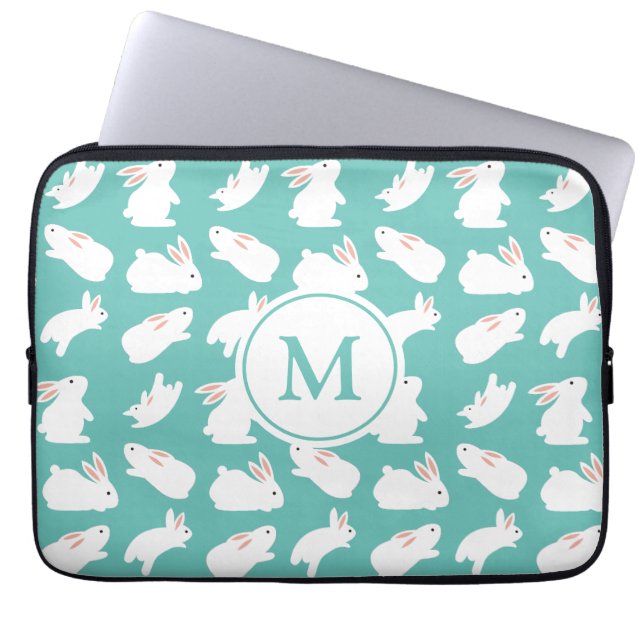 Housse Pour Ordinateur Portable Motif lapin mou sur Monogramme Turquoise (Devant)