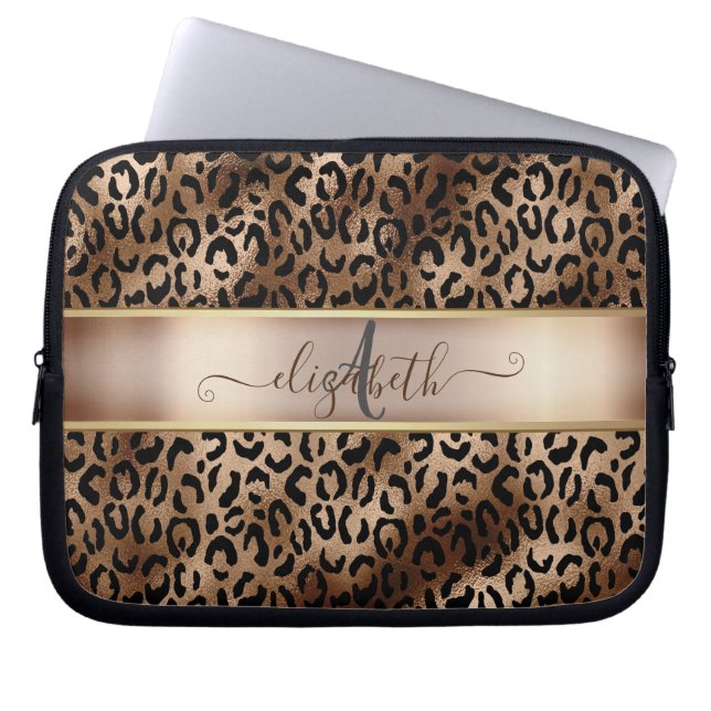 Housse Pour Ordinateur Portable Motif léopard Bronze Noir Monogramme     (Devant)