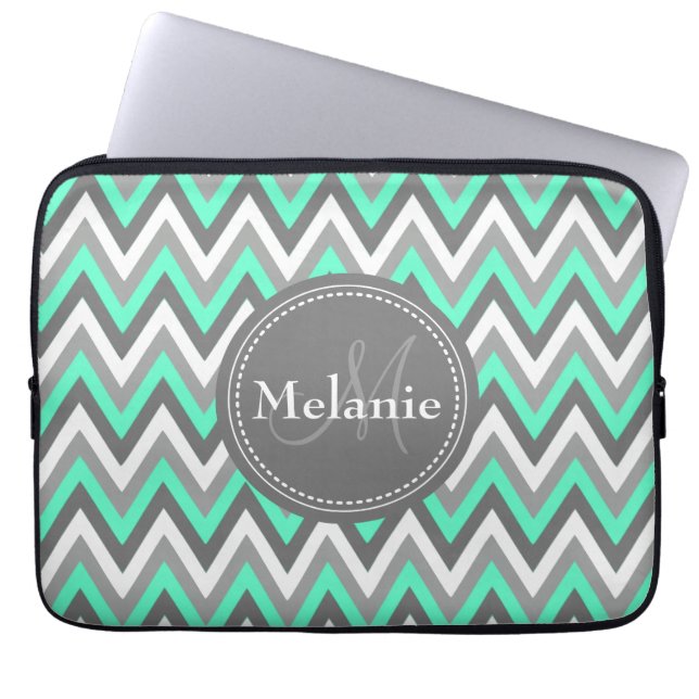 Housse Pour Ordinateur Portable Motif Monogramme Blue & Grey Chevron (Devant)
