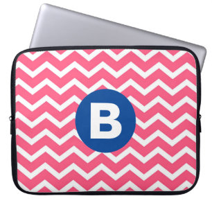 Housse Pour Ordinateur Portable Motif monogramme chevron rose vif et blanc
