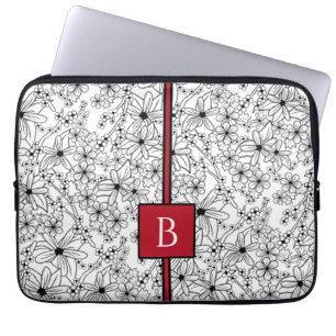Housse Pour Ordinateur Portable Motif noir floral et Monogramme blanc