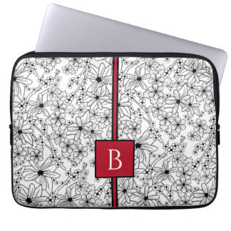 Housse Pour Ordinateur Portable Motif noir floral et Monogramme blanc