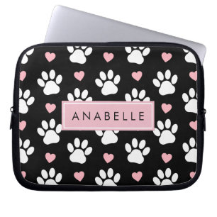 Housse Pour Ordinateur Portable Motif Paw, Paws Blanches, Coeurs Rose, Votre Nom