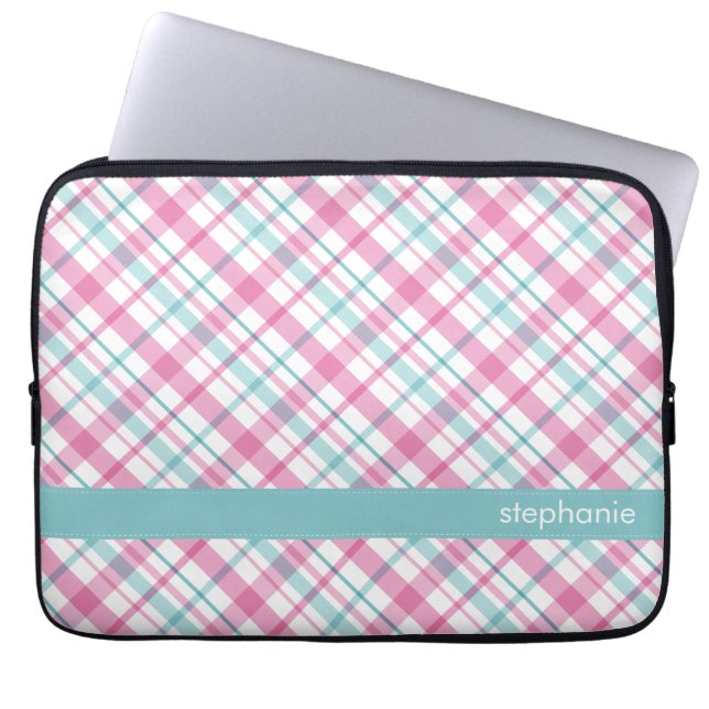 Housse Pour Ordinateur Portable Motif rose et turquoise de plaid (Devant)