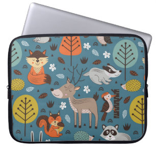 Housse Pour Ordinateur Portable Motif sans couture avec animaux de la forêt sur f