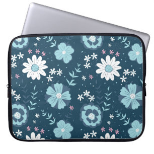 Housse Pour Ordinateur Portable Motif sans couture avec fleurs d'été bleues sur fo