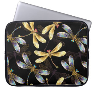 Housse Pour Ordinateur Portable Motif sans couture avec libellules d'or
