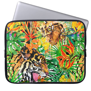 Housse Pour Ordinateur Portable motif sans couture tropicale avec tigre. aquarelle