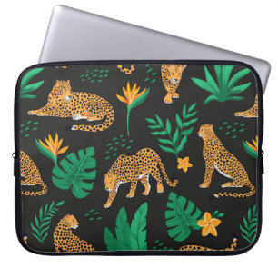 Housse Pour Ordinateur Portable Motif vintage aux léopards et feuilles tropicaux