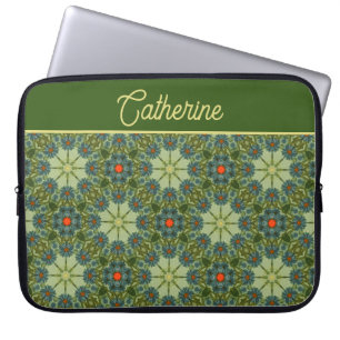 Housse Pour Ordinateur Portable Motif vintage en vert avec des fleurs bleues