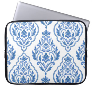 Housse Pour Ordinateur Portable Motif vintage sans couture bleu et blanc damassé.