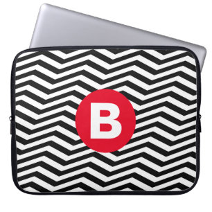 Housse Pour Ordinateur Portable Motif Zig Zag Noir et Blanc Monogramme Rouge