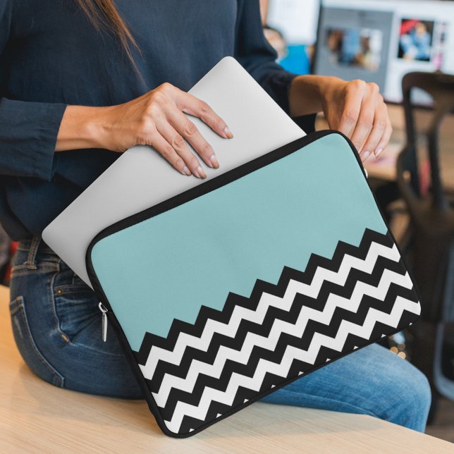 Housse Pour Ordinateur Portable Motif Zigzag noir et blanc, Chevron, Bleu (Créateur téléchargé)