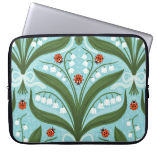 Housse Pour Ordinateur Portable Muguet et coccinelles symétrie en vert,