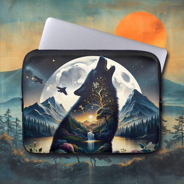 Housse Pour Ordinateur Portable Mystical Wolf Howling at Moon Surreal (Créateur téléchargé)