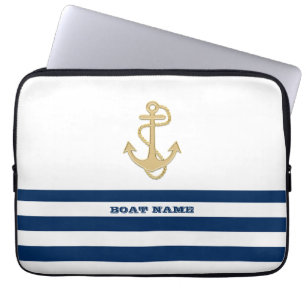 Housse Pour Ordinateur Portable Nautique, Ancre d'Or Bleu Marine Rayures Blanches