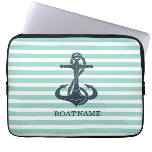 Housse Pour Ordinateur Portable Nautique,Ancre,Rayes Vert Menthe