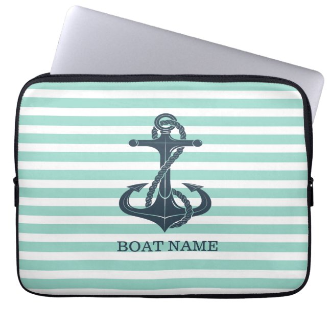 Housse Pour Ordinateur Portable Nautique,Ancre,Rayes Vert Menthe (Devant)