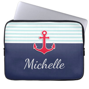Housse Pour Ordinateur Portable Nautique bleu foncé rouge Design Nom personnalisé