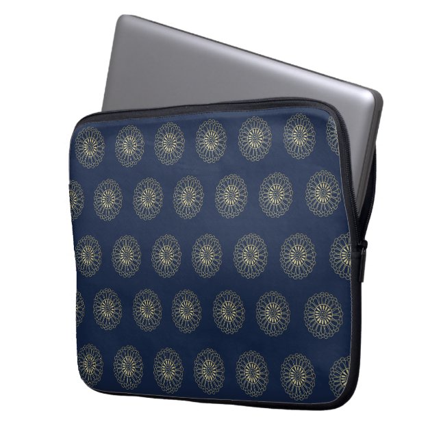 Housse Pour Ordinateur Portable Navy | Golden Zinnia Flower Medallions (devant gauche)