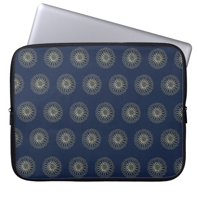 Housse Pour Ordinateur Portable Navy | Golden Zinnia Flower Medallions (Devant)