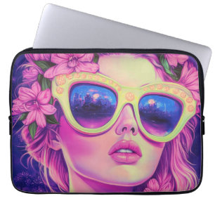 Housse Pour Ordinateur Portable Neon Dream Girl avec lunettes de soleil florales