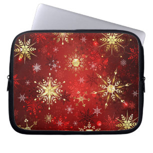 Housse Pour Ordinateur Portable Noël Golden Snowflakes sur Arrière - plan rouge