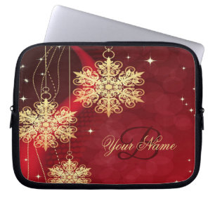 Housse Pour Ordinateur Portable Noël Monogramme Nom Red Golden Snowflakes Cadeau