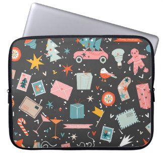 Housse Pour Ordinateur Portable Noël noir : motif vintage orné.