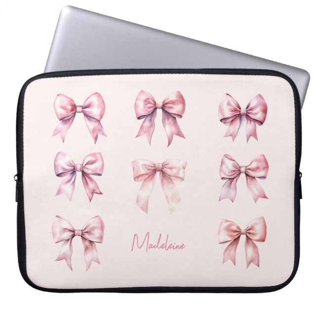 Housse Pour Ordinateur Portable Nœud Papillon Coquette Rose Nom Personnalisé (Devant)