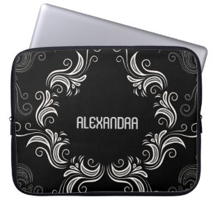Housse Pour Ordinateur Portable Noir A & Blanc Baroque Éperviers Monogramme