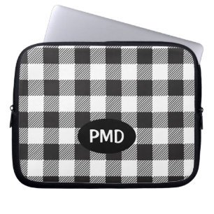 Housse Pour Ordinateur Portable Noir blanc Buffle Plaid Vérifier Monogramme Initia