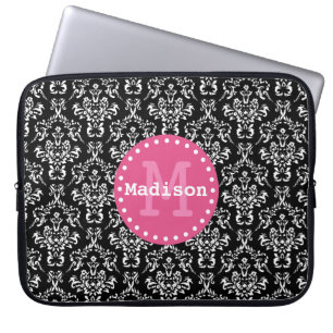 Housse Pour Ordinateur Portable Noir blanc rose victorien Damask Monogramme