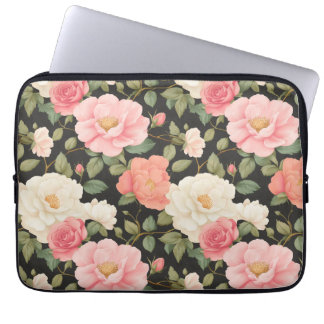 Housse Pour Ordinateur Portable Noir floral romantique avec Roses de style peint à