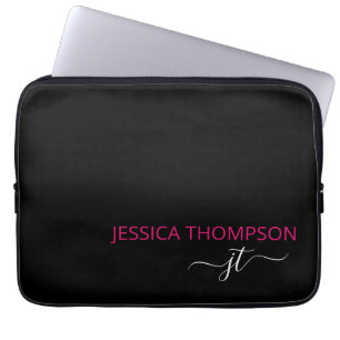 Housse Pour Ordinateur Portable Noir rose chaud moderne Simple Script Monogramme N