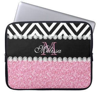 HOUSSE POUR ORDINATEUR PORTABLE NOIR ROSE CHEVRON DE PARTIES SCINTILLANTES DÉCORÉ