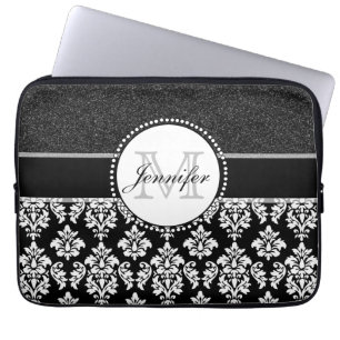 Housse Pour Ordinateur Portable Nom blanc de monogramme de damassé de parties