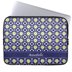 Housse Pour Ordinateur Portable Nom de motif de carreau floral jaune bleu méditerr