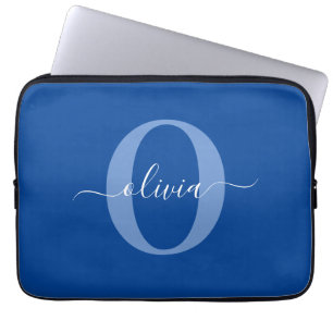 Housse Pour Ordinateur Portable Nom de script de monogramme personnalisé bleu blan