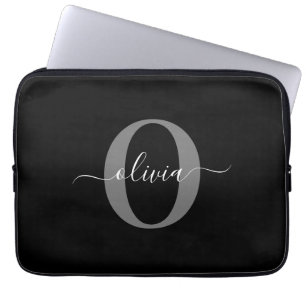Housse Pour Ordinateur Portable Nom de script de monogramme personnalisé Noir Blan