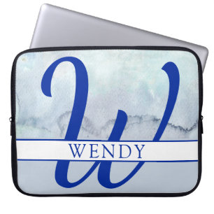 Housse Pour Ordinateur Portable Nom du monogramme Aquarelle bleue