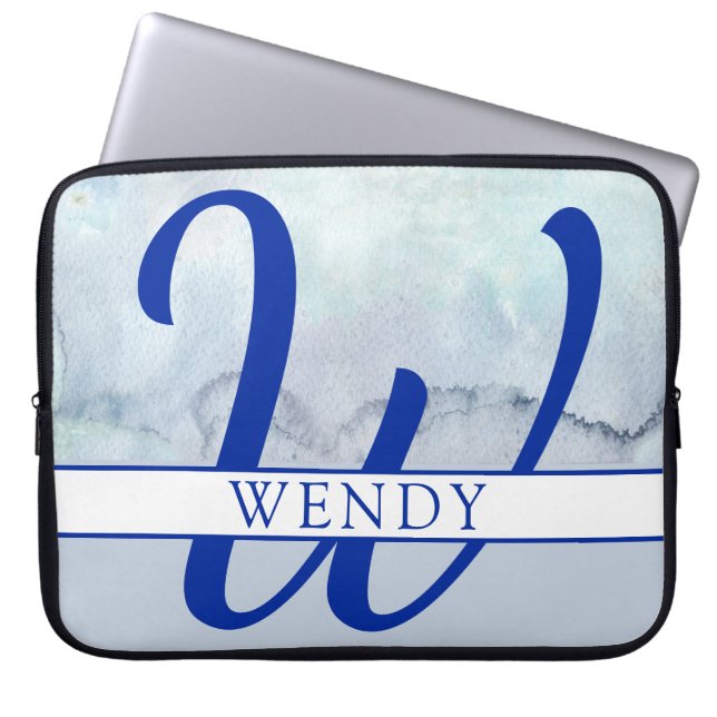 Housse Pour Ordinateur Portable Nom du monogramme Aquarelle bleue (Devant)