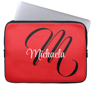 Housse Pour Ordinateur Portable Nom initial minimaliste moderne monogramme rouge