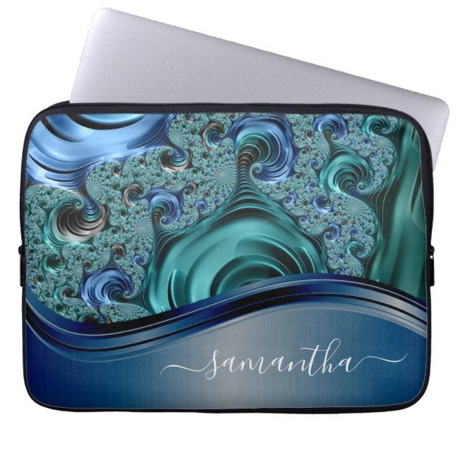 Housse Pour Ordinateur Portable Nom manuscrit Fractal Blue moderne (Devant)