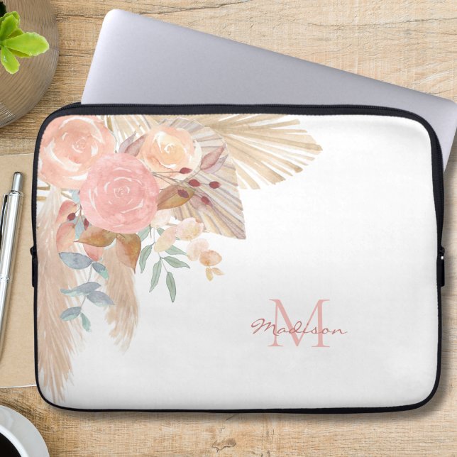 Housse Pour Ordinateur Portable Nom Monogram rose Floral (Créateur téléchargé)